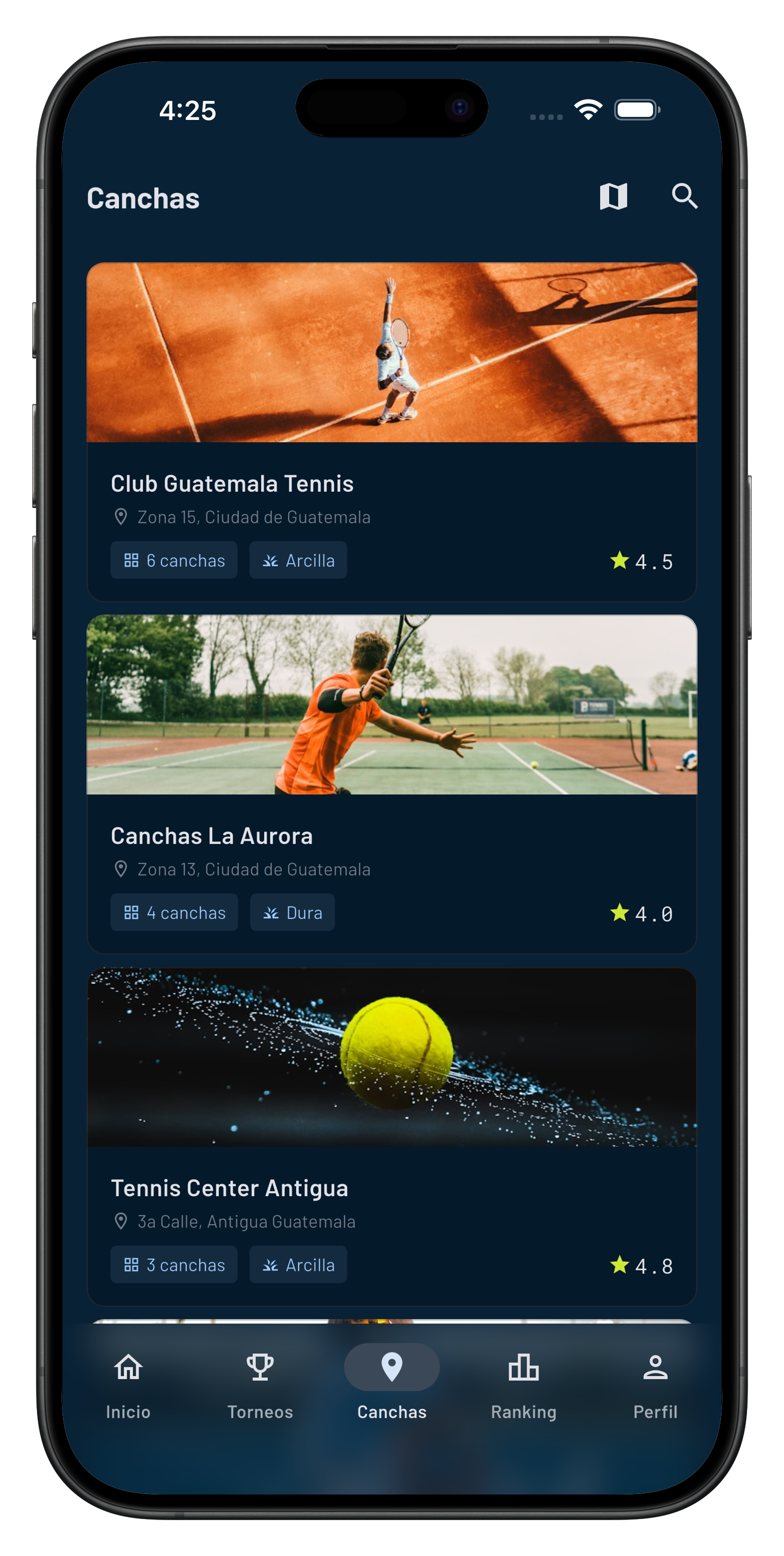 TenisGT App — Canchas de tenis en Guatemala